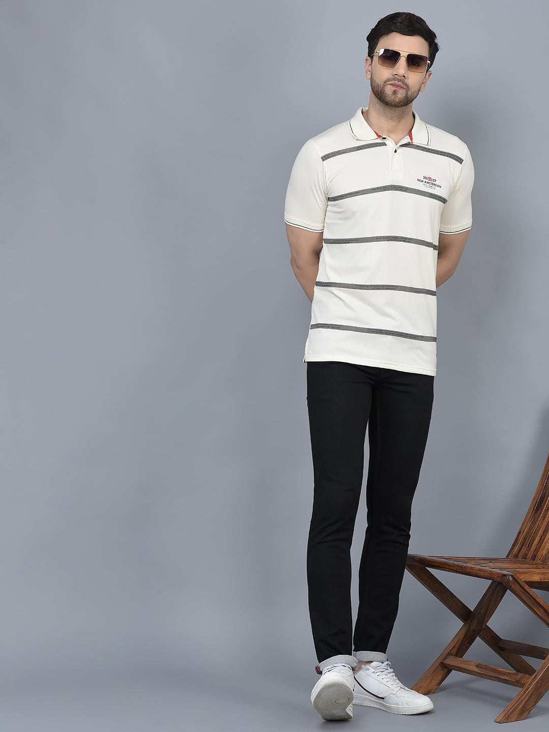 Cobb Cream Striped Polo Neck T-Shirt