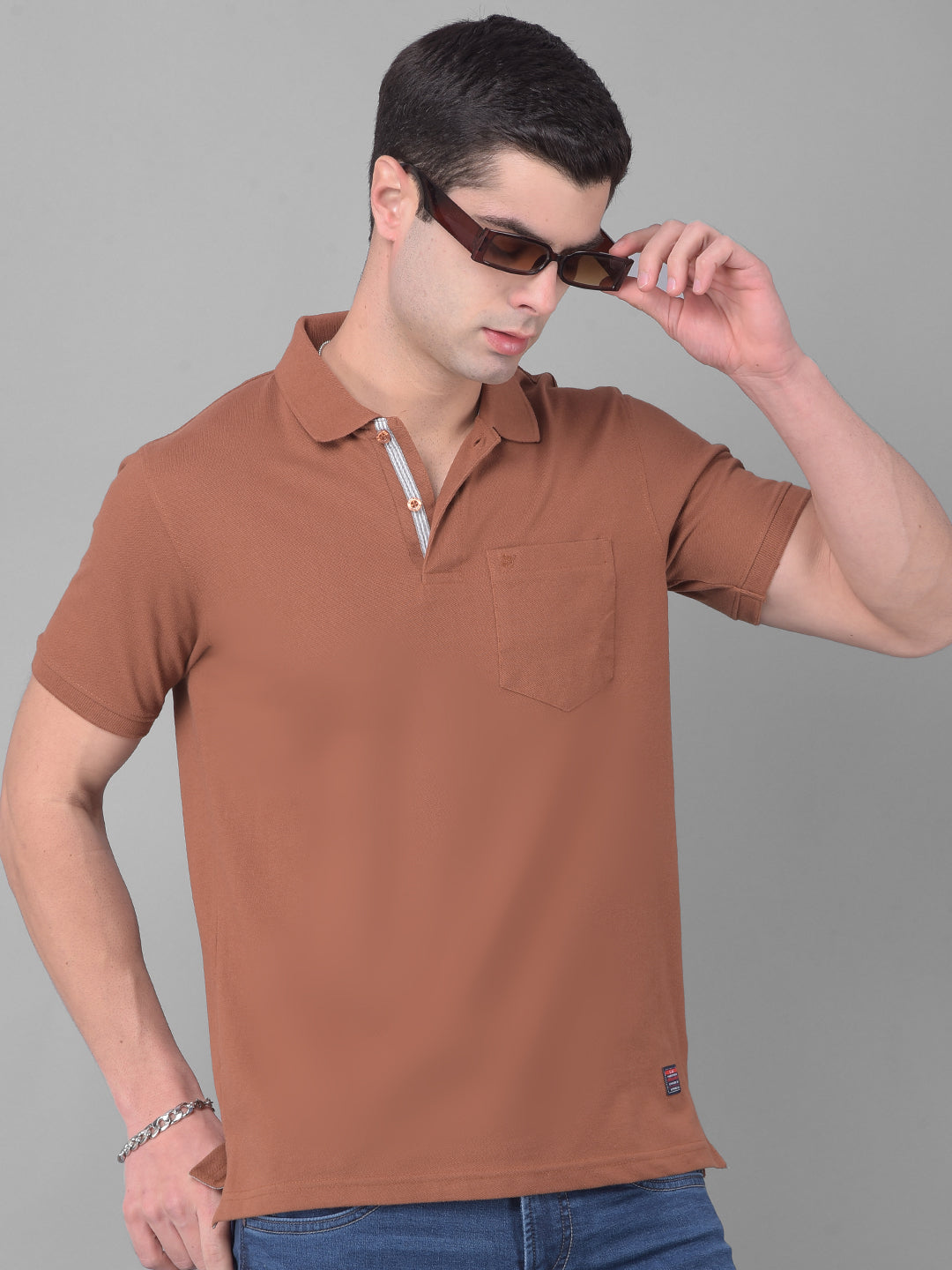 COBB SOLID GINGERBREAD BROWN POLO NECK T-SHIRT