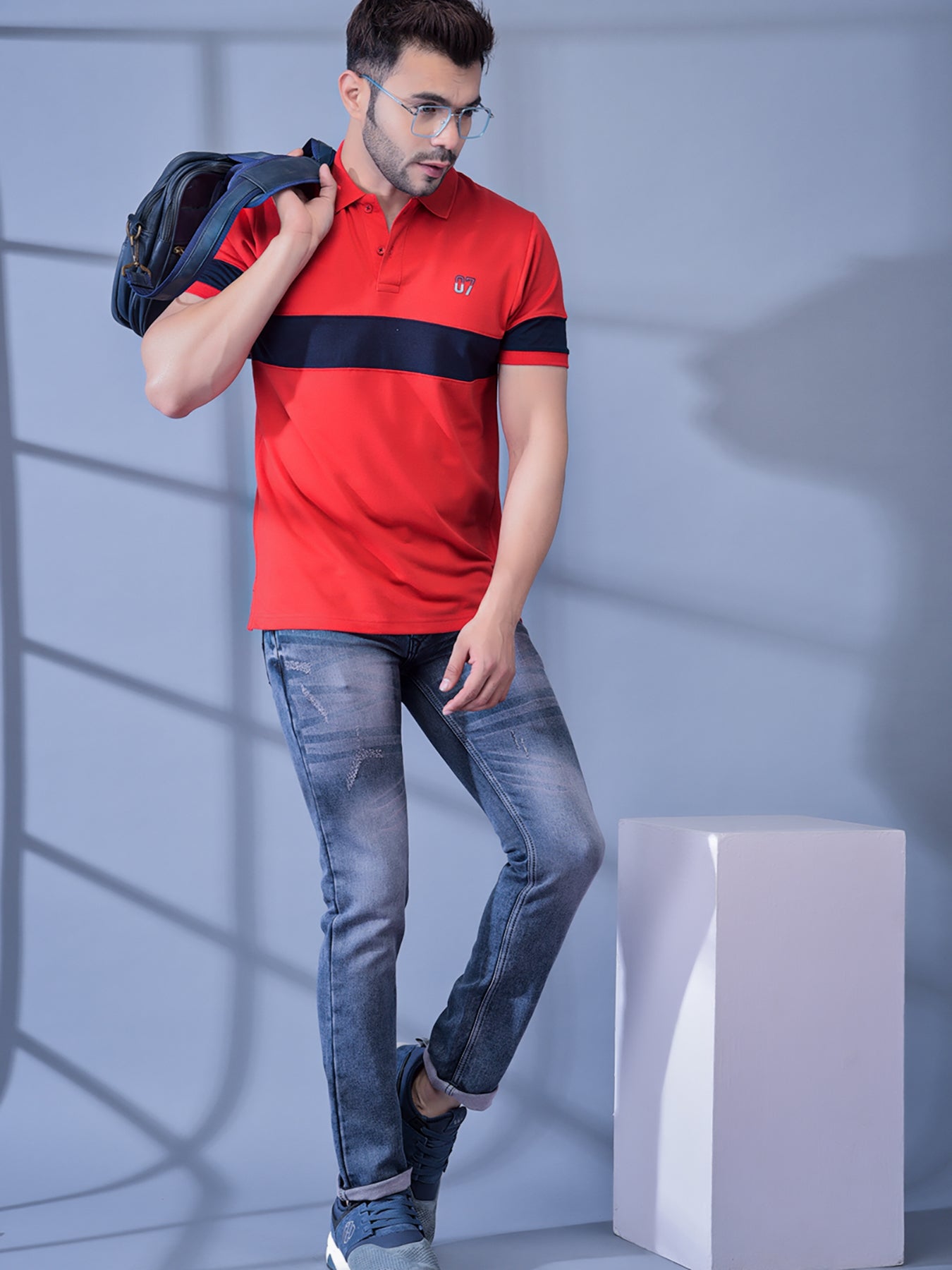 Cobb Red Striped Polo Neck T-Shirt
