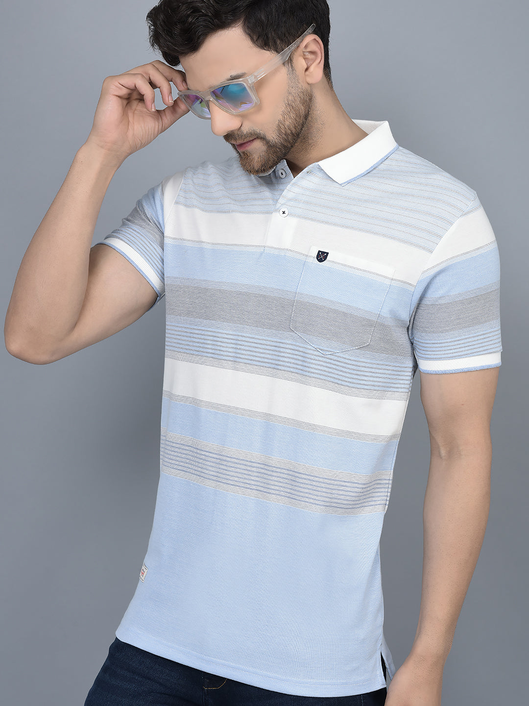 Cobb Sky Blue Striped Polo Neck T-Shirt SKY BLUE