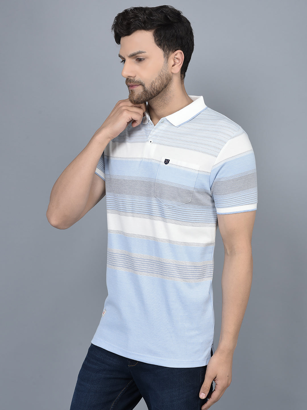 Cobb Sky Blue Striped Polo Neck T-Shirt