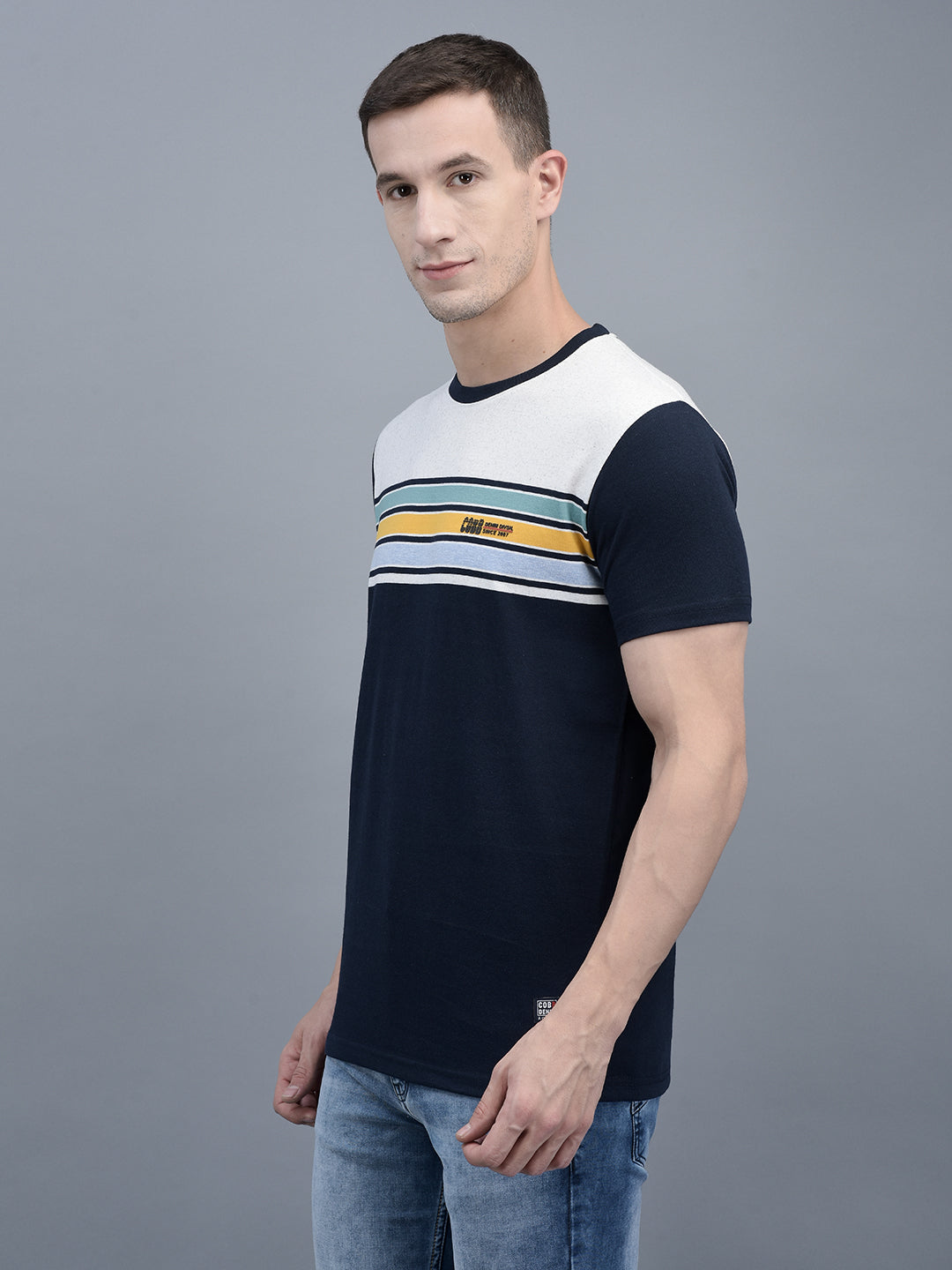Cobb Navy Blue Striped Round Neck T-Shirt