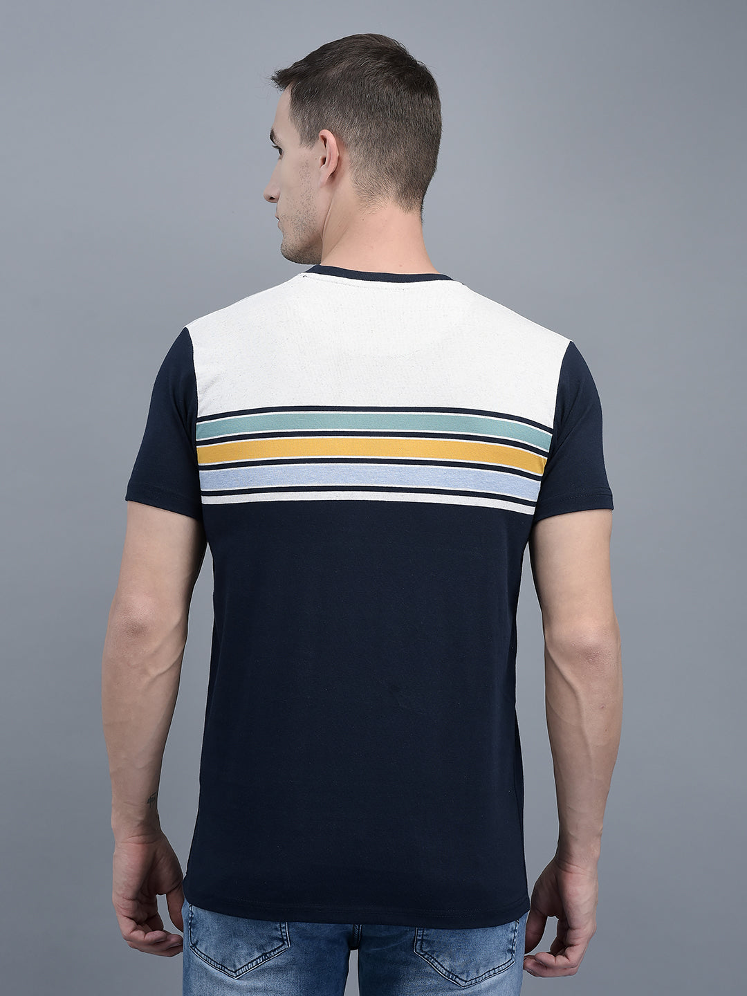 Cobb Navy Blue Striped Round Neck T-Shirt