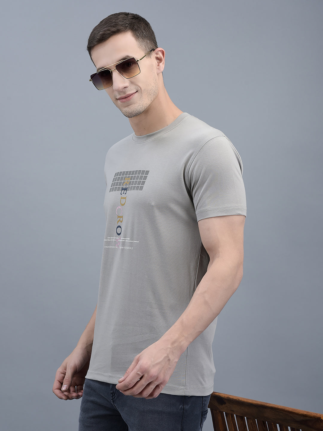 Cobb Grey Printed Round Neck T Shirt