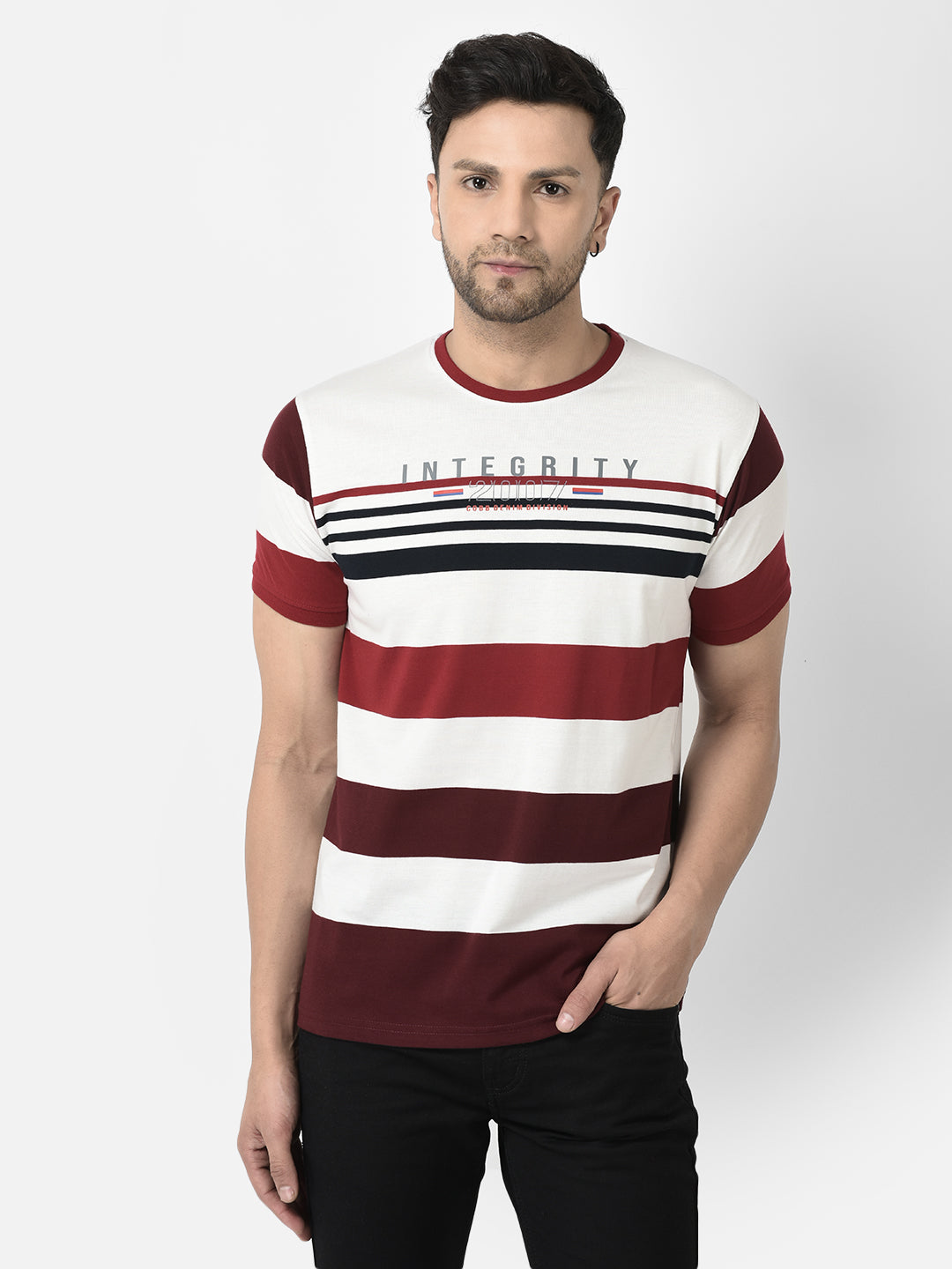 Cobb White Striped Round Neck T-Shirt