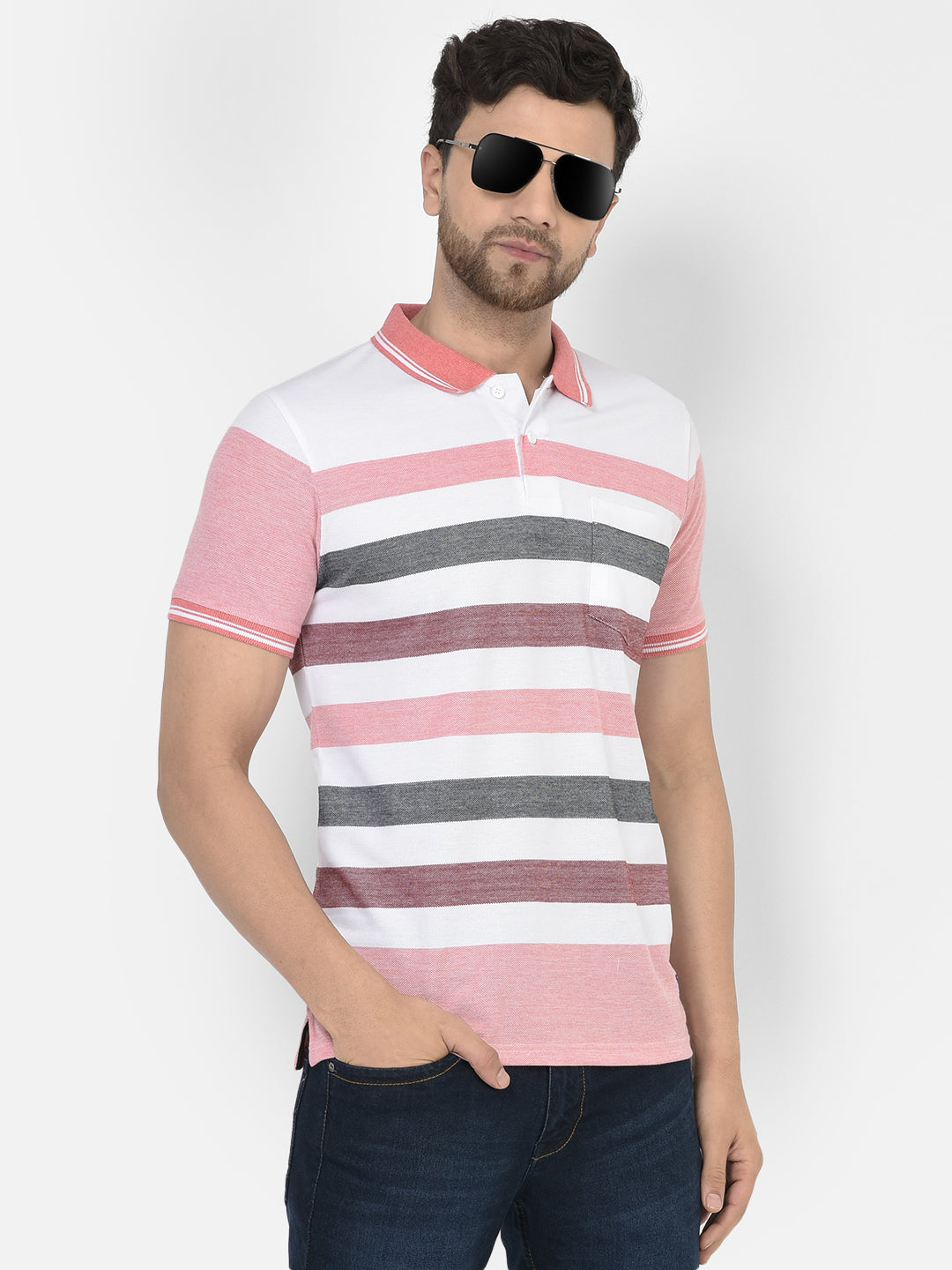 Cobb Peach Striped Polo Neck T-Shirt PEACH